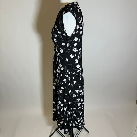 Anne Klein Black White Floral Cap Sleeve V-Neck Midi Dress Womens Size 6 Career - Picture 6 of 12